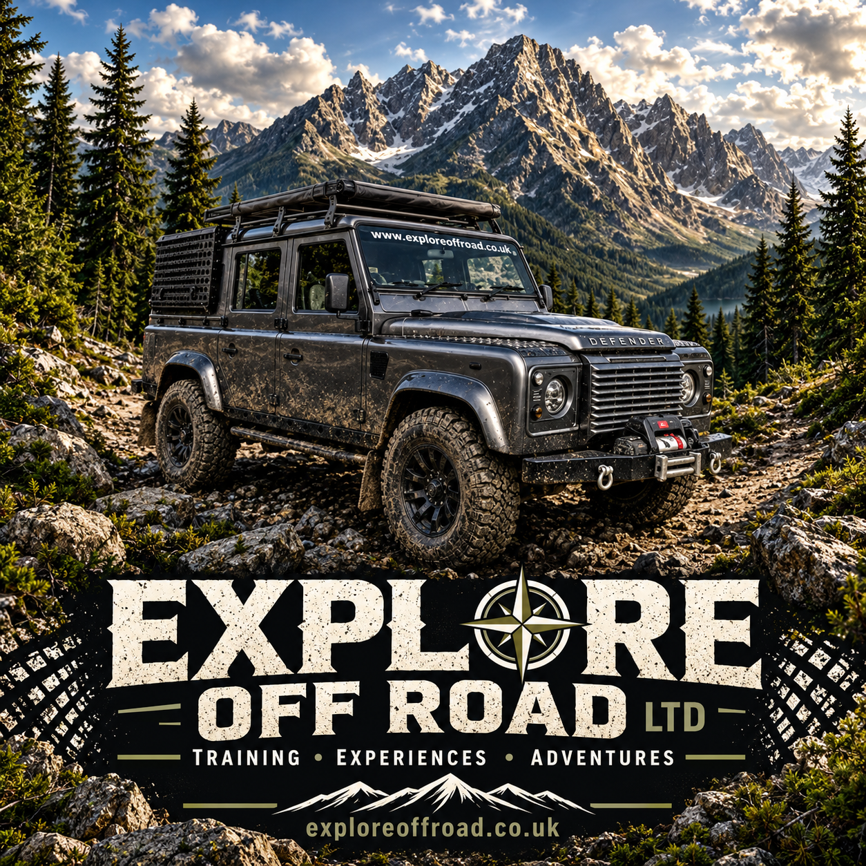 Explore Off-Road branded artwork showing a grey expedition Defender beneath rocky mountain peaks and evergreen trees.